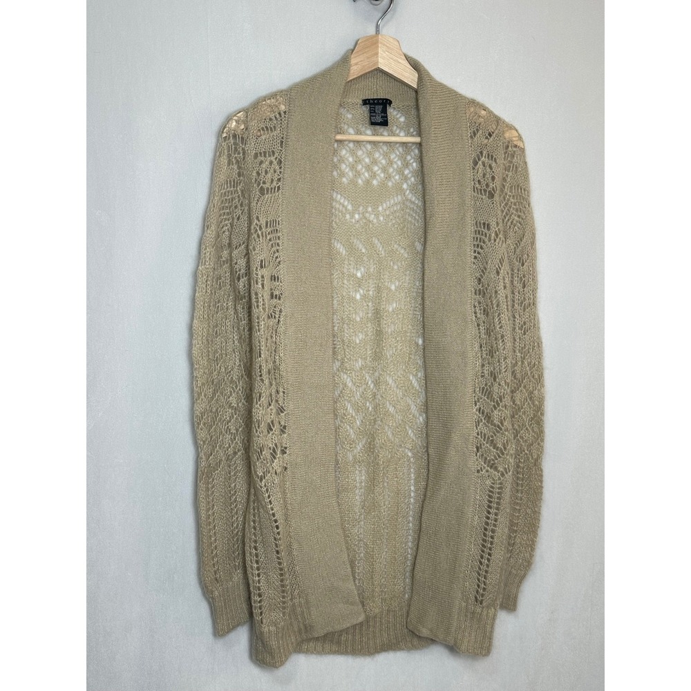Theory Mohair Blend Pointelle Crochet Knit Open Front Cardigan Beige Tan - small